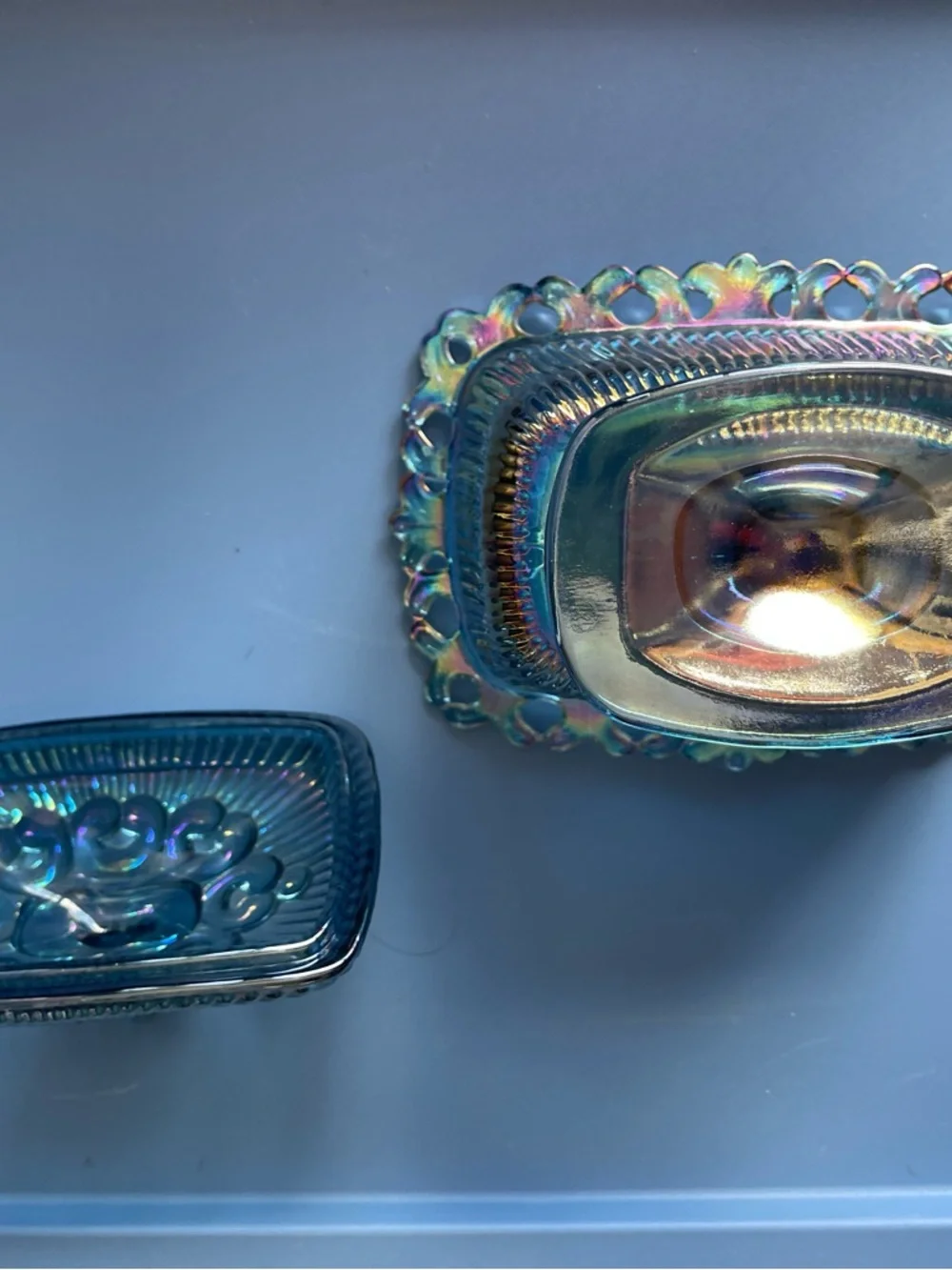 Iridescent Blue Glass Covered Dish - Decorative Home Accent